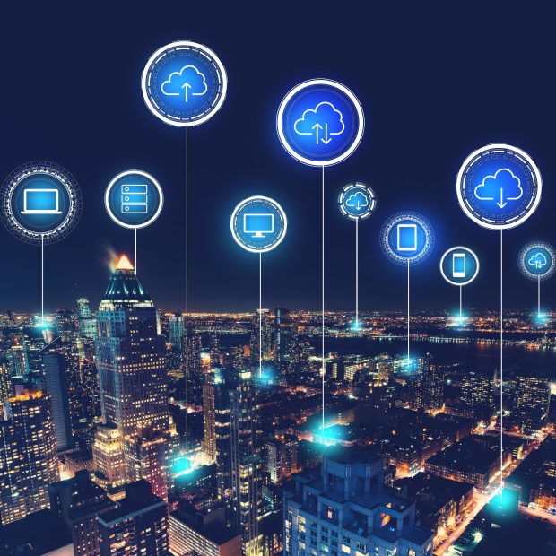 Cloud computing with aerial view of Manhattan, NY skyline