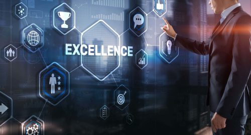 Excellence Concept. Quality Service. Businessman pressing Excellence virtual screen.